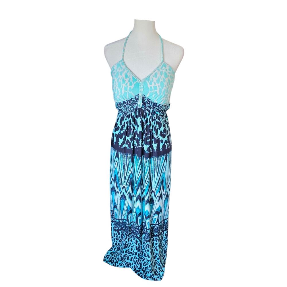Rare Vanity Maxi Dress L Blue Aqua Halter Boho Y2K Animal Print NWT Discontinued